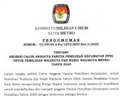 Pengumuman Seleksi Calon Anggota Panitia Pemilihan Kecamatan ( PPK ) Untuk Pemilihan Walikota dan Wakil Walikota Metro Tahun 2020